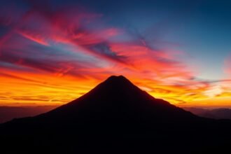 Lenyűgöző naplemente a Cerro de la Silla hegyvonulatával Monterrey közelében.