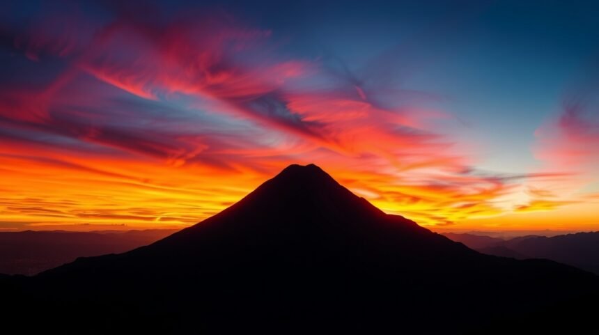 Lenyűgöző naplemente a Cerro de la Silla hegyvonulatával Monterrey közelében.