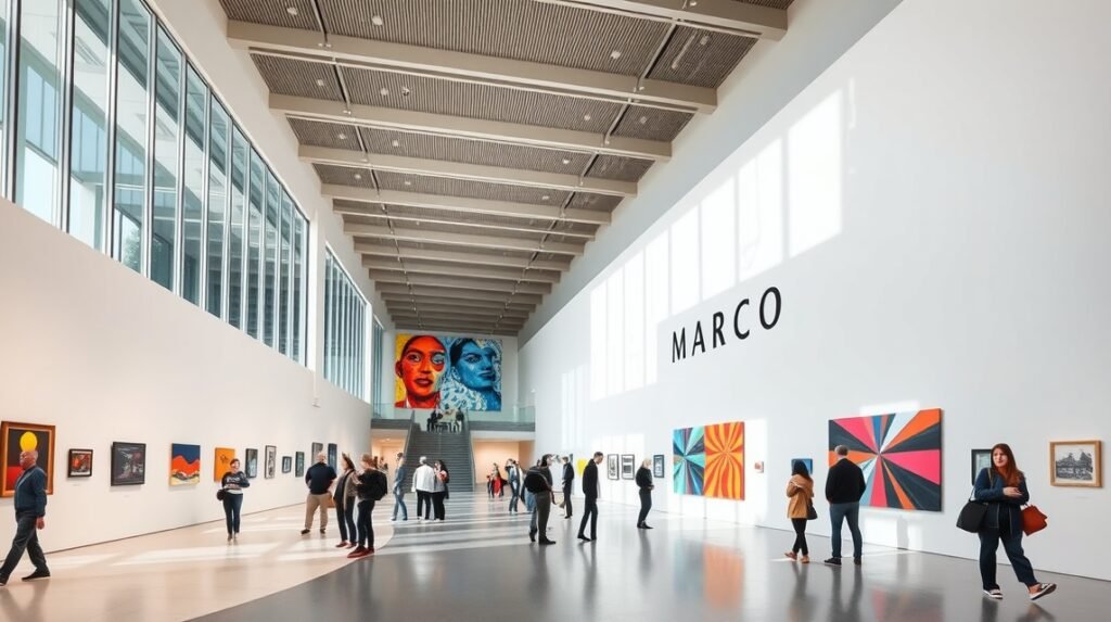 A Kortárs Művészeti Múzeum belső tere, látogatók kortárs művészeti kiállításon.