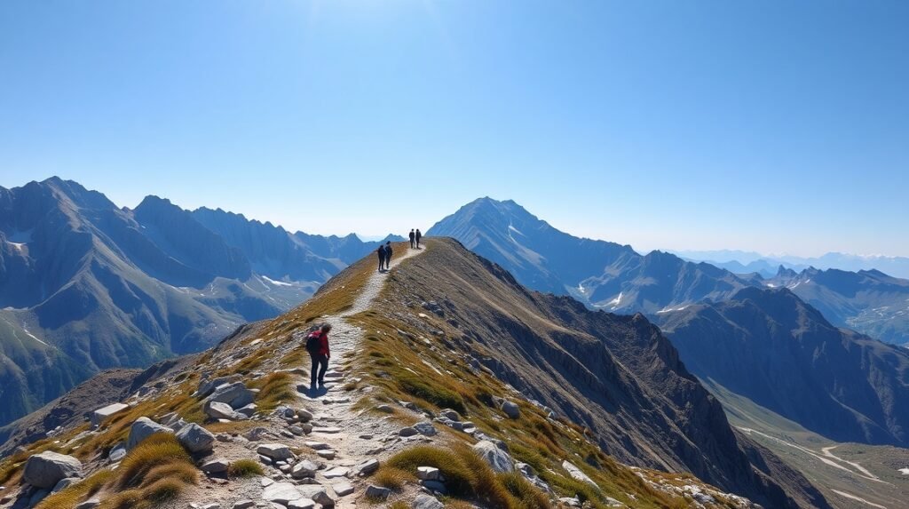 Hikers on the Făgăraș ridge in Romania with dramatic mountain scenery