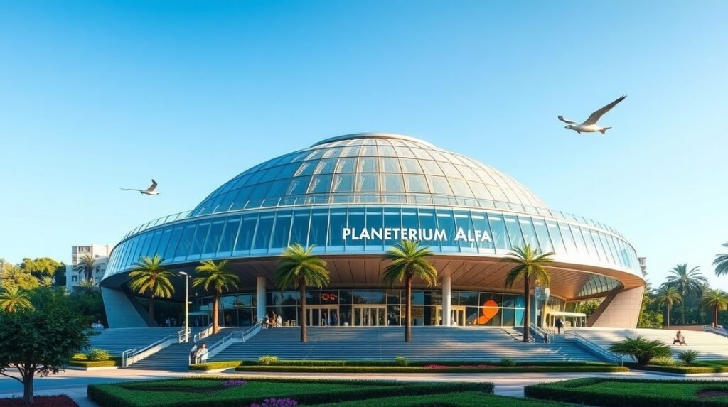 A Planetárium Alfa épülete Monterreyben, Mexikóban, napfényben.