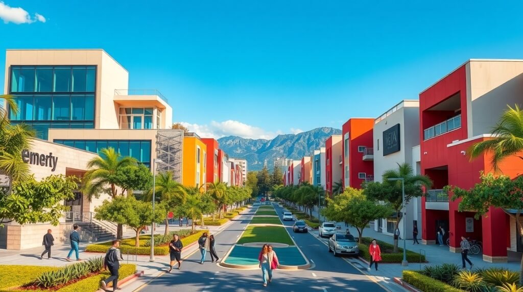 San Pedro Garza García negyed Monterrey városában, modern épületek és zöld parkok.