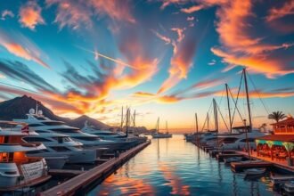 Cabo San Lucas Marina gyönyörű naplemente fényűző jachtokkal