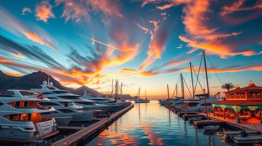 Cabo San Lucas Marina gyönyörű naplemente fényűző jachtokkal