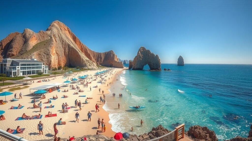 Medano Beach Cabo San Lucas napfényes homokján pihenő emberek