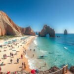 Medano Beach Cabo San Lucas napfényes homokján pihenő emberek