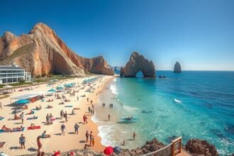 Medano Beach Cabo San Lucas napfényes homokján pihenő emberek