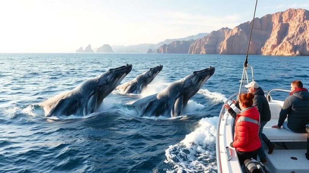 Bálnales túra Cabo San Lucasban, télen három bálna ugrik ki a vízből.