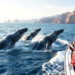 Bálnales túra Cabo San Lucasban, télen három bálna ugrik ki a vízből.