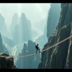 Bátor túrázó a Tordai-hasadék függőhídján, sziklafalak között.