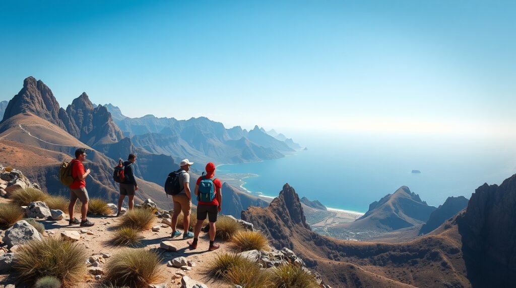 Felnőttek túráznak a Mount Solmar csúcsán Cabo San Lucas közelében.