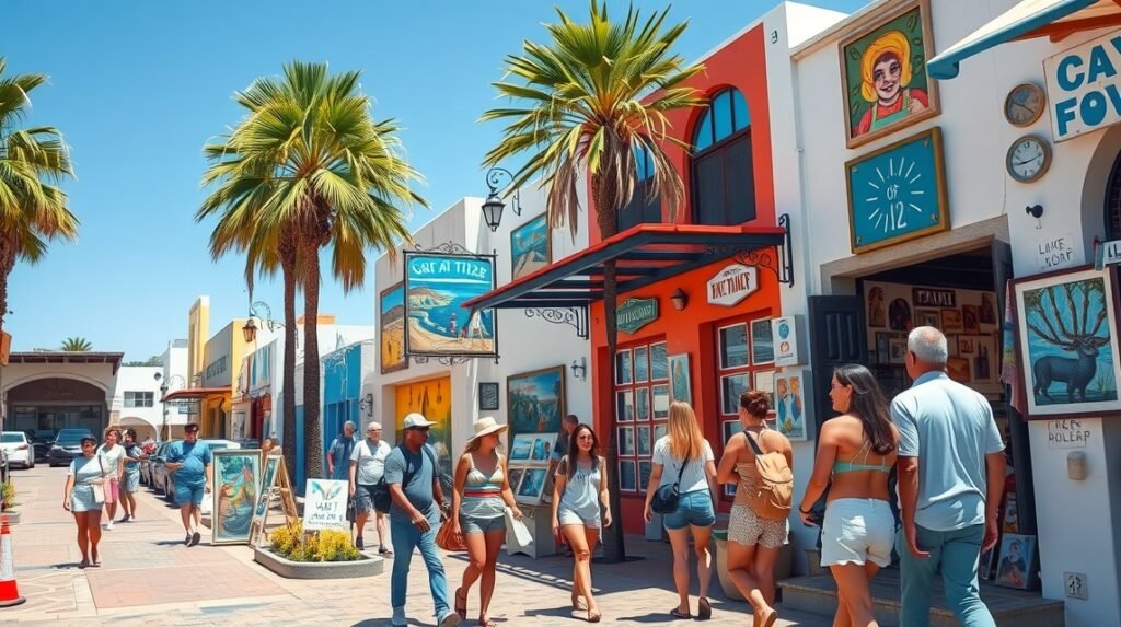 Séta San Jose del Cabo művészeti negyedében színes galériák között.