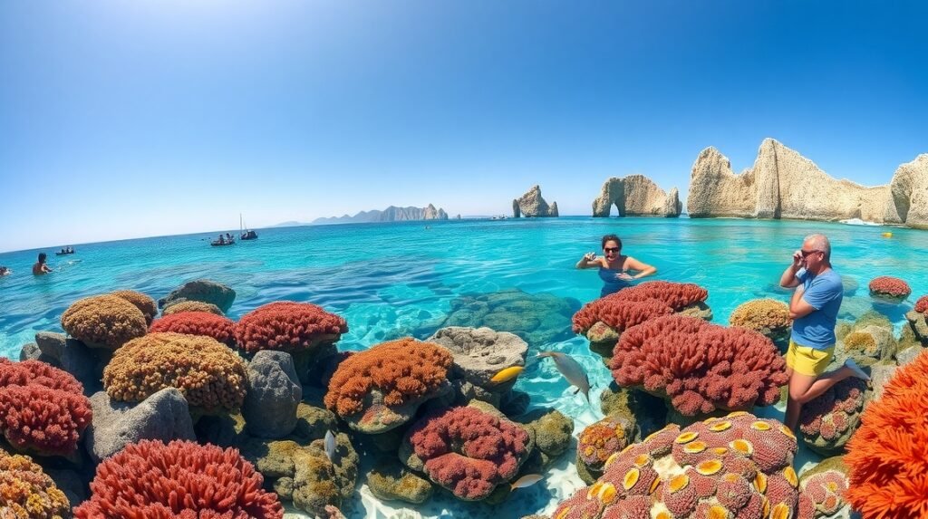 Sznorkelezés a Chileno Bay korallzátonya között Cabo San Lucasban.