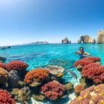 Sznorkelezés a Chileno Bay korallzátonya között Cabo San Lucasban.