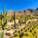 Wirikuta Botanikus Kert látványa Cabo San Lucasban, kaktuszokkal és sivatagi növényekkel.