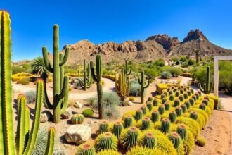 Wirikuta Botanikus Kert látványa Cabo San Lucasban, kaktuszokkal és sivatagi növényekkel.