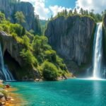 A Bigér-vízesés és a Kék szem tó csodálatos képe a Néra-szurdokban.