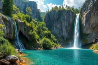 A Bigér-vízesés és a Kék szem tó csodálatos képe a Néra-szurdokban.