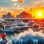 Naplemente a Cabo San Lucas kikötőjében, halászati hajókkal és csodás tájjal.