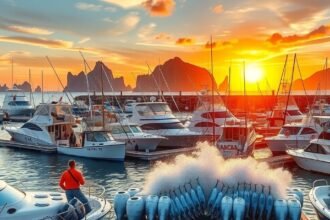 Naplemente a Cabo San Lucas kikötőjében, halászati hajókkal és csodás tájjal.