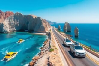 Cabo San Lucas közlekedés vízi taxival és autókkal a tengerparton