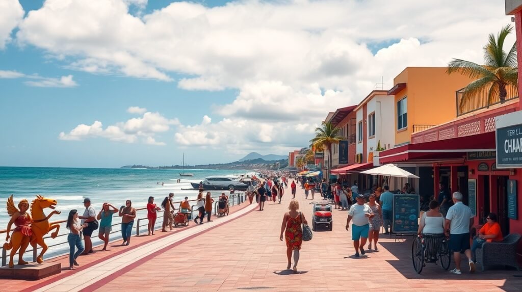 Séta a Puerto Vallarta Malecónján, festői tengerpart és élénk élet.