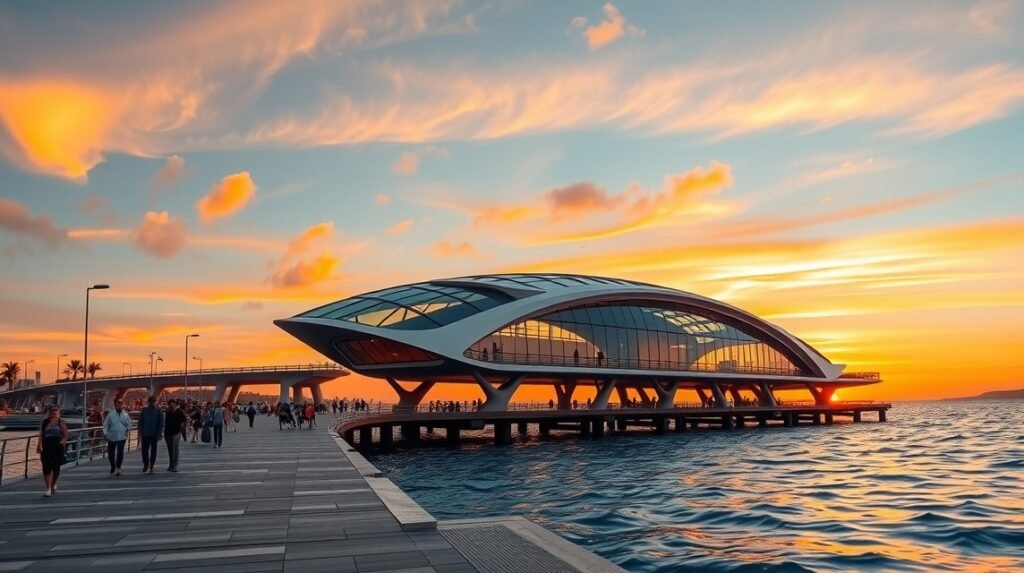 Los Muertos móló modern építménye a naplementében Puerto Vallartában