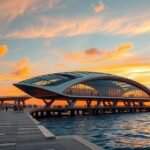 Los Muertos móló modern építménye a naplementében Puerto Vallartában