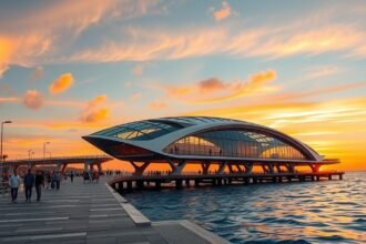 Los Muertos móló modern építménye a naplementében Puerto Vallartában