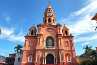 A Guadalupe-szűz temploma Puerto Vallartában, koronás torony és művészi homlokzat.