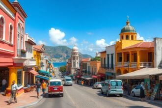 Puerto Vallarta öreg városának macskaköves utcái és színes épületei