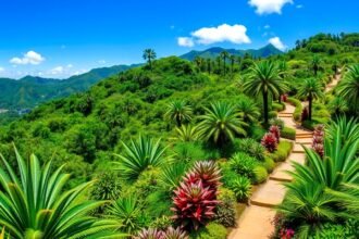 Vallarta Botanikus Kert zöldellő tája és sétányai a hegyekben