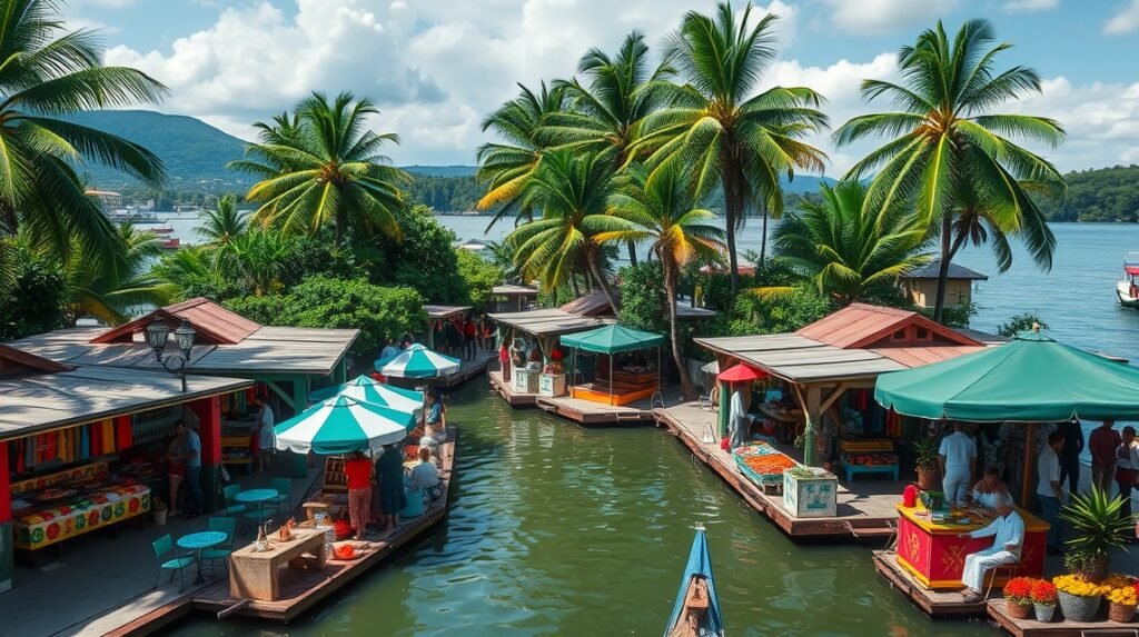 Puerto Vallarta piacon, zöld pálmákkal és kézműves standokkal
