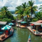 Puerto Vallarta piacon, zöld pálmákkal és kézműves standokkal