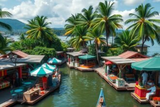 Puerto Vallarta piacon, zöld pálmákkal és kézműves standokkal