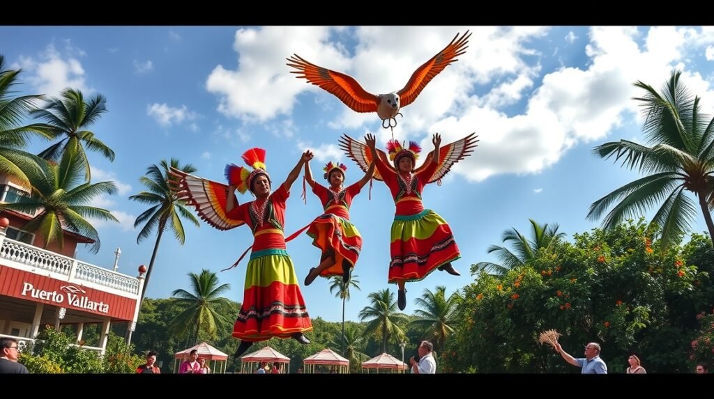 Voladores de Papantla show at Puerto Vallarta featuring traditional dancers