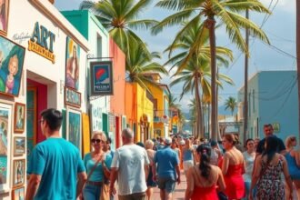 Emberek sétálnak Puerto Vallarta művészeti utcájában, művészeti galériák között.