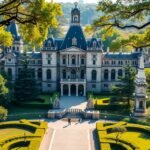 A Chapultepec kastély látképe Mexikóvárosban zöld környezetben.