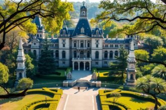 A Chapultepec kastély látképe Mexikóvárosban zöld környezetben.