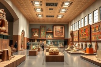 A Mexikói Nemzeti Antropológiai Múzeum belső tere prehispán műtárgyakkal.