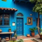 Frida Kahlo Kék Háza Coyoacánban, buja növényekkel és festői kék falakkal.