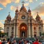 A Guadalupe-i Bazilika gyönyörű épülete Mexikóvárosban, zarándokok tömegével.