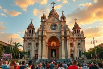 A Guadalupe-i Bazilika gyönyörű épülete Mexikóvárosban, zarándokok tömegével.