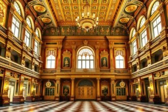 A Postapalota gyönyörű aranyozott belső terének látképe Mexikóvárosban.