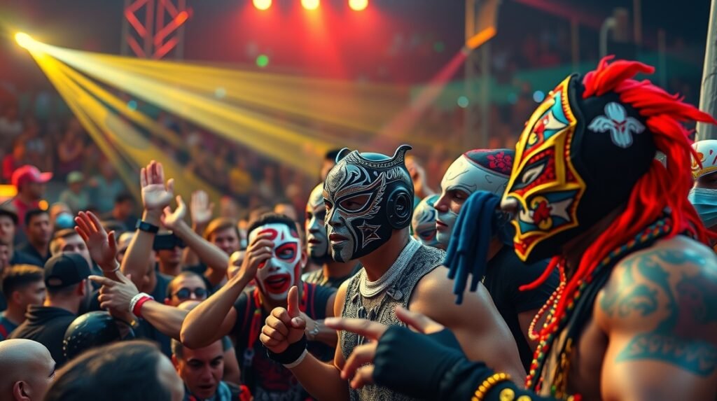 Lucha Libre aréna Mexikóvárosban, maszkos pankrátorok a ringben.