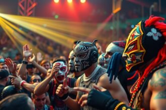 Lucha Libre aréna Mexikóvárosban, maszkos pankrátorok a ringben.