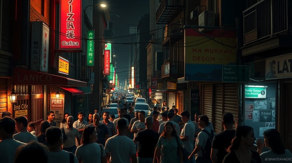 Egy forgalmas utca Mexikóvárosban fényes feliratokkal és emberekkel.