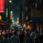 Egy forgalmas utca Mexikóvárosban fényes feliratokkal és emberekkel.