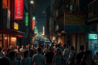 Egy forgalmas utca Mexikóvárosban fényes feliratokkal és emberekkel.