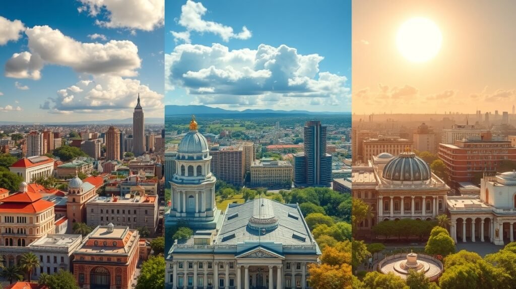 Mexikóváros panoráma különböző napszakokban.